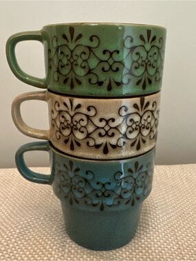 Pier 1 Stoneware Stackable Mugs Set Of 3 Replacement Blue Green Tan Coffee Tea